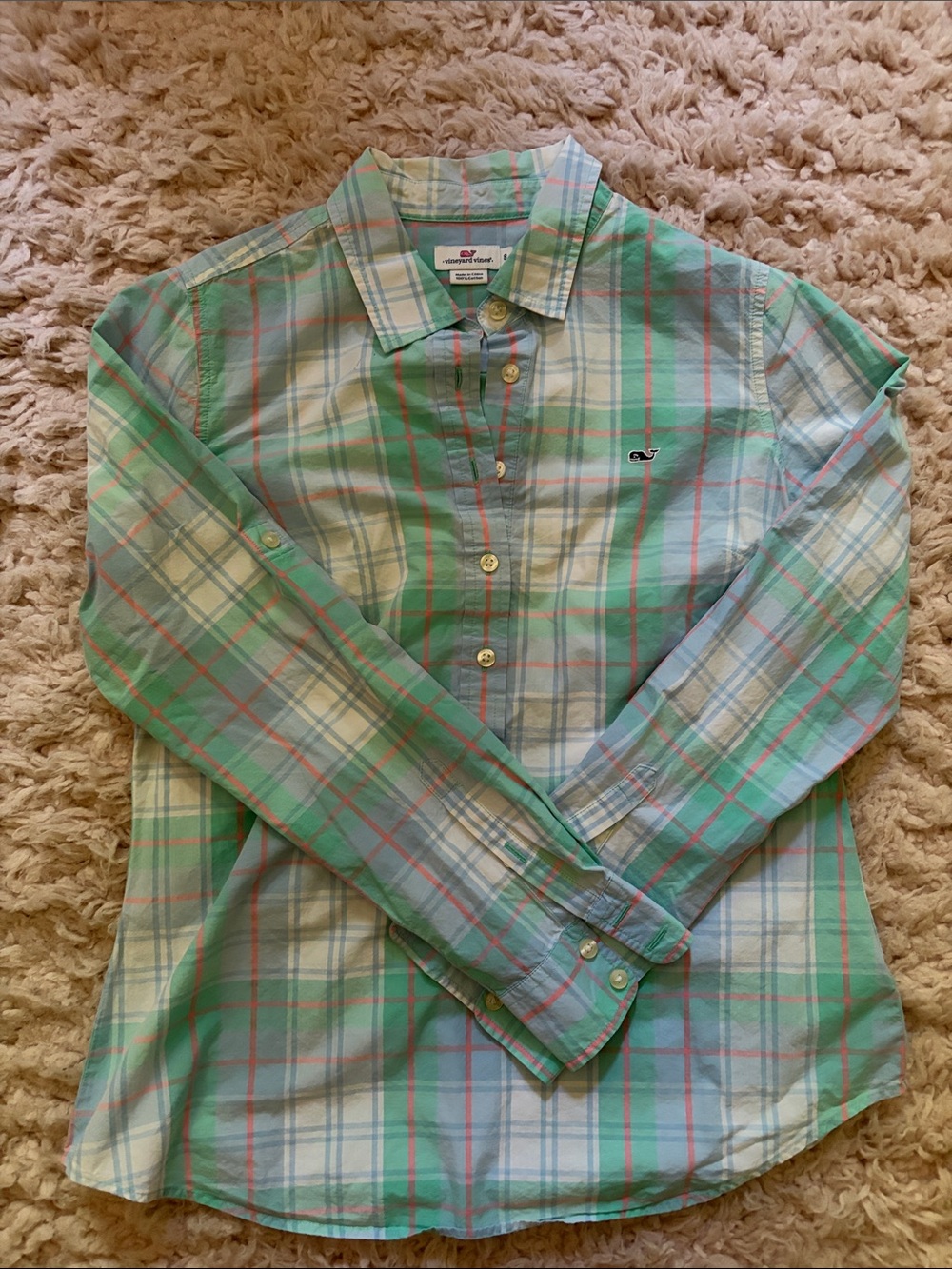 Women Vineyard Vines Pastel Plaid Button-Down Shirt - Mint, Light Blue & Coral - Picture 3 of 5